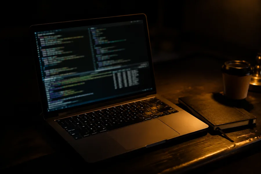 A laptop in a dark room with code on the screen