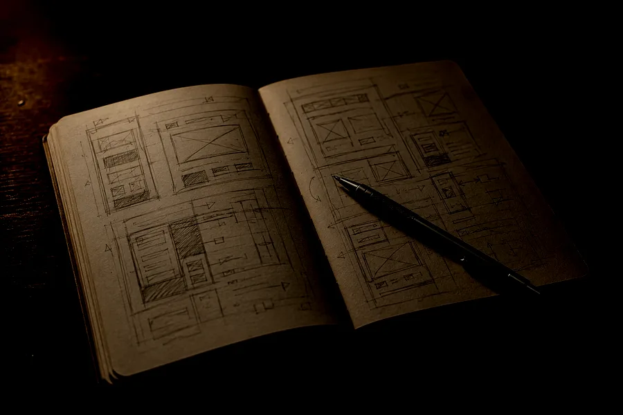An open sketchbook of hand-drawn interface wireframes