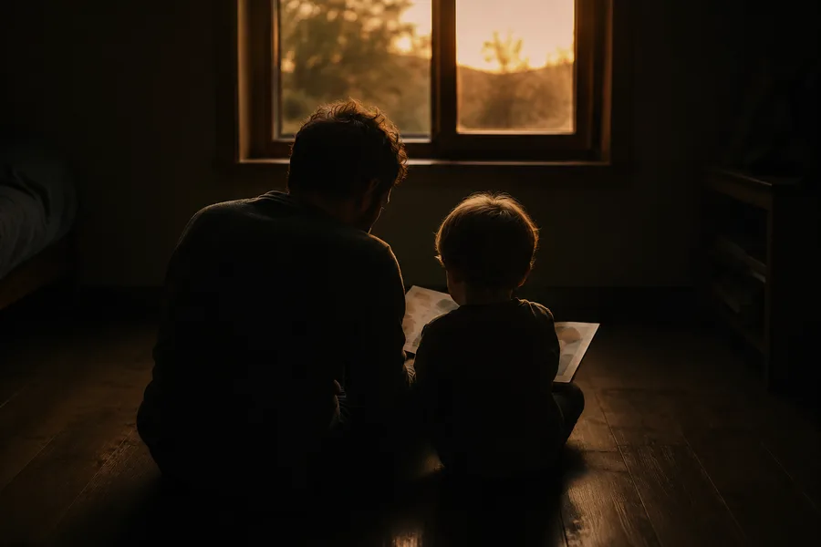 A father and child reading a picture book at dusk
